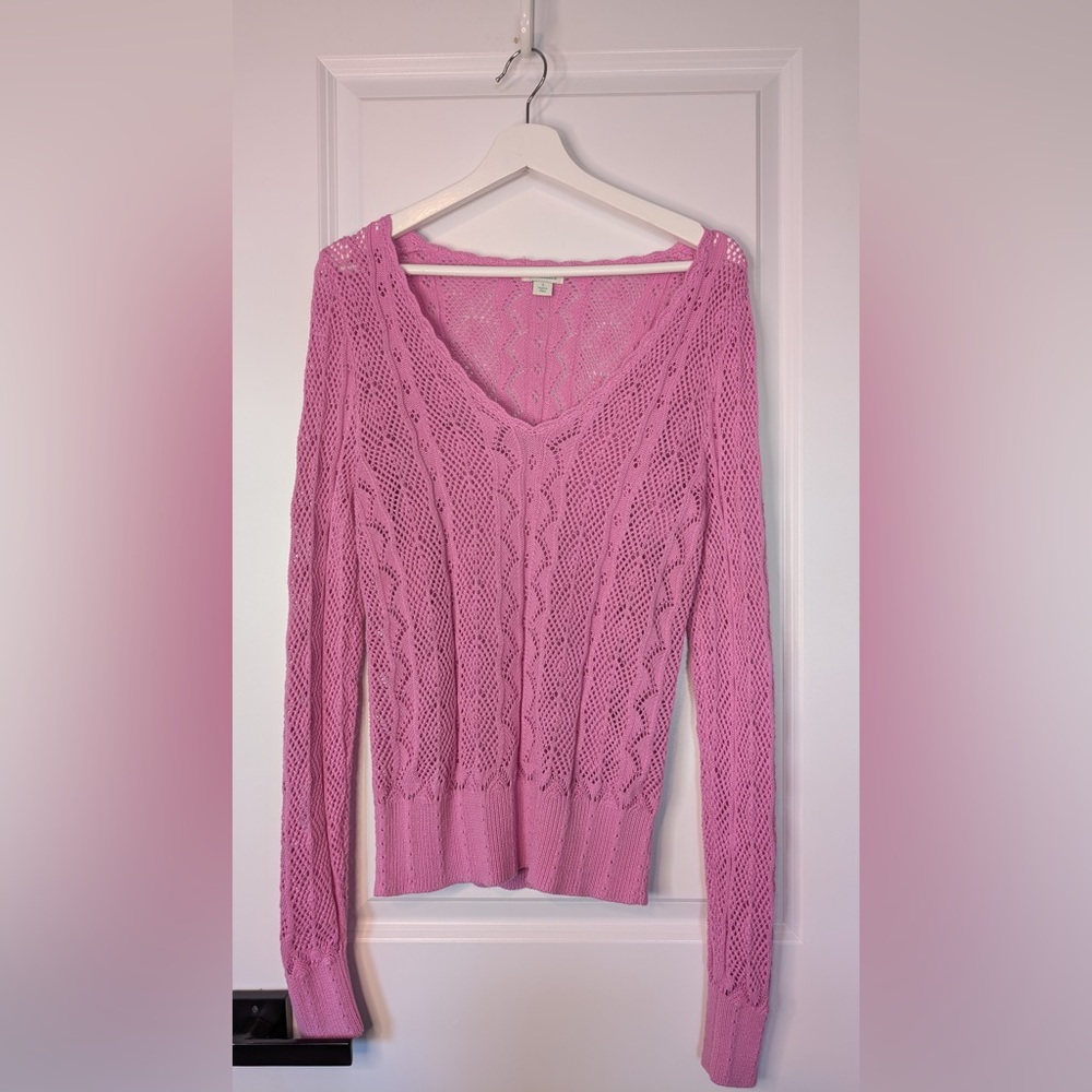 Sundance Meadow Mornings Pointelle V-Neck Sweater Pullover Pink Size Small